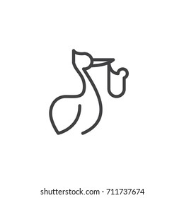Stork with bundle line icon, outline vector sign, linear style pictogram isolated on white. Family symbol, logo illustration. Editable stroke