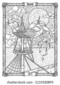 Stork card from the oracle Old Marine Lenormand deck with the bird sitting in nest. Nautical vintage background, coloring book page, t-shirt and tattoo vector graphic, pirate adventures concept. 