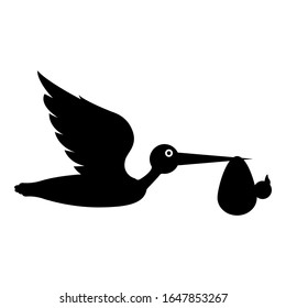 Stork carries baby in bag Flying bird with kind in beak bundle icon black color vector illustration flat style image