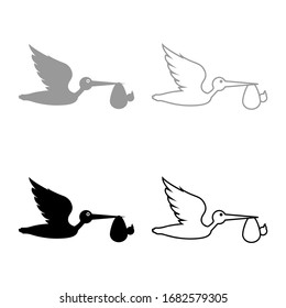 Stork carries baby in bag Flying bird with kind in beak bundle icon outline set black grey color vector illustration flat style image
