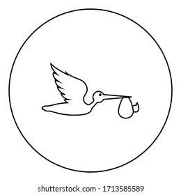 Stork carries baby in bag Flying bird with kind in beak bundle icon in circle round outline black color vector illustration flat style image