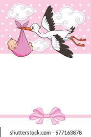 Stork carries baby girl. invitation template