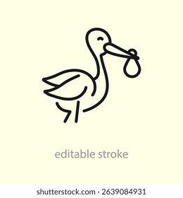 The stork carries the baby. Stork with the baby icon. Stork carrying little newborn. Pregnancy, delivery, labor or parenthood symbol. Vector