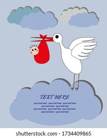 A stork carries a child in the clouds. A postcard about the birth of a child. Illustration.