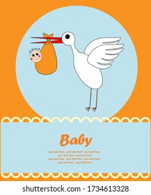 Una cigüeña lleva a un niño en las nubes. Una postal sobre el nacimiento de un niño. Ilustración.