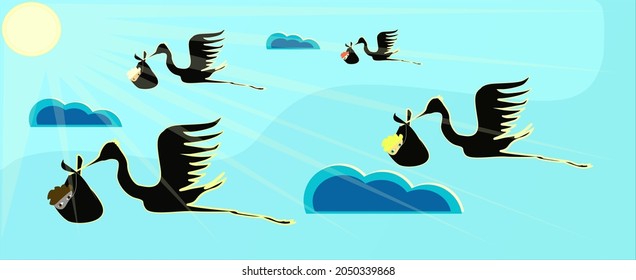 stork carries newborn babies in the air. storks and little babies flying with the sun lights. Design for children's books.