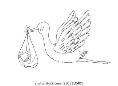 Stork carries newborn baby. Vector line sketch for coloring book. Cute hand drawn doodle illustration