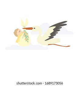 A stork carries a newborn in a bag decorated with flowers