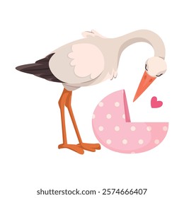 Stork Carry Baby in Baby Carriage Vector Illustration