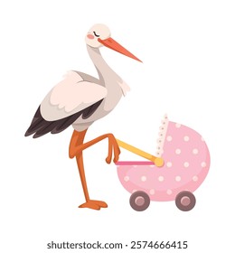 Stork Carry Baby in Baby Carriage Vector Illustration