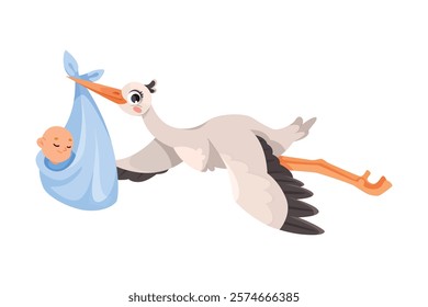 Stork Carry Baby in Wrap with Beak Vector Illustration