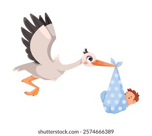 Stork Carry Baby in Wrap with Beak Vector Illustration