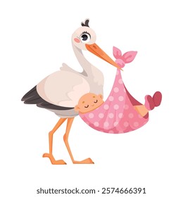 Stork Carry Baby in Wrap with Beak Vector Illustration