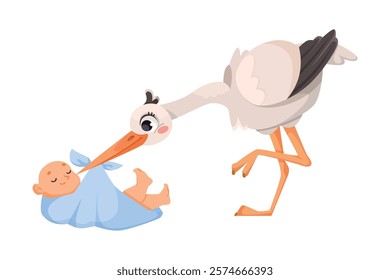 Stork Carry Baby in Wrap with Beak Vector Illustration