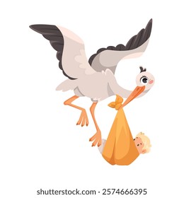 Stork Carry Baby in Wrap with Beak Vector Illustration