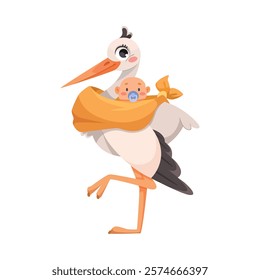 Stork Carry Baby in Wrap with Beak Vector Illustration