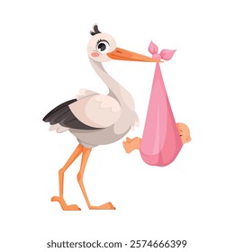 Stork Carry Baby in Wrap with Beak Vector Illustration