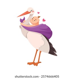 Stork Carry Baby in Wrap with Beak Vector Illustration