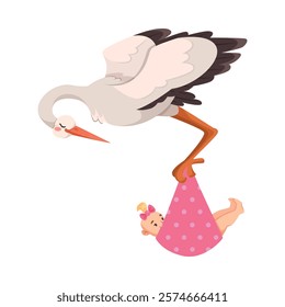 Stork Carry Baby in Wrap with Beak Vector Illustration