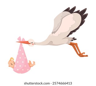 Stork Carry Baby in Wrap with Beak Vector Illustration