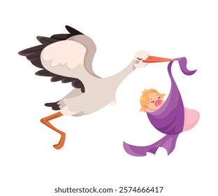 Stork Carry Baby in Wrap with Beak Vector Illustration