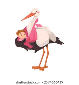 Stork Carry Baby in Wrap with Beak Vector Illustration