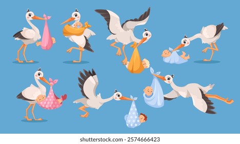 Stork Carry Baby in Wrap with Beak Vector Set