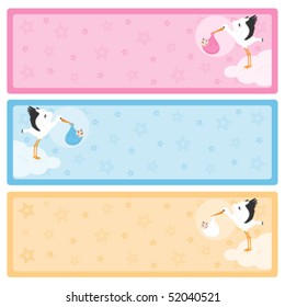 Stork carrying baby banners with copy space for your own text.