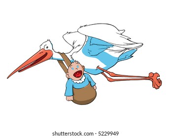stork carrying a baby boy, original illustration
