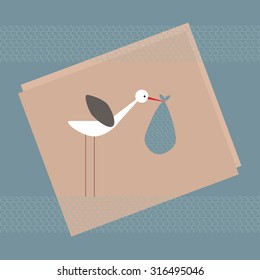 Stork carrying baby in cloth bag. Scrapbook design elements. Baby boy shower design elements.