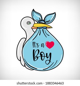 Stork carrying a baby. Delivery of a newborn baby. Lettering It's a Boy. Hand drawn clipart for Baby shower invitation template, arrival announcement card.