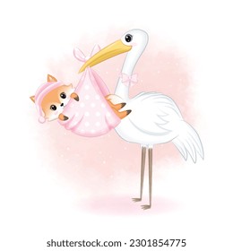 Stork carrying baby Fox, newborn concept illustration