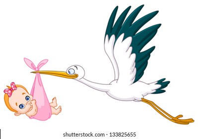 Stork carrying a baby girl