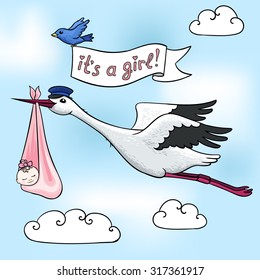 Stork carrying a baby girl. Little bird with "it's a girl" banner