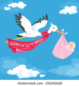 Stork carrying a baby girl. Vector illustration.