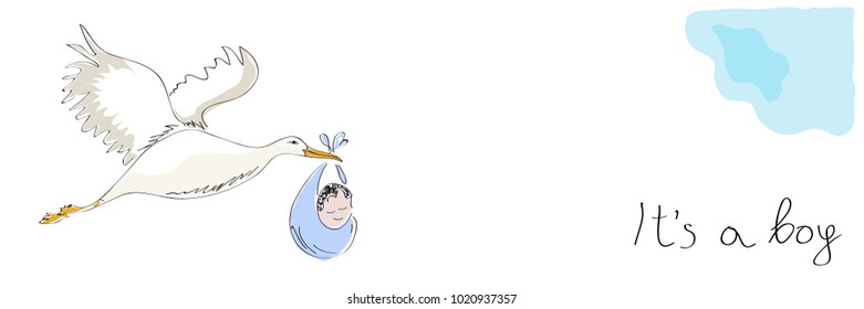 Stork carrying a baby. New birth announcement. It's a boy.  Vector banner illustration made by a child.