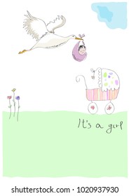 Stork carrying a baby. New birth announcement. It's a girl.  Vector illustration made by a child.