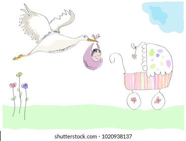 Stork carrying a baby. New birth announcement. It's a girl.  Vector illustration made by a child.