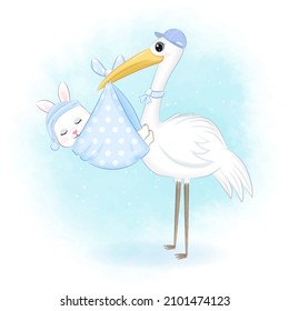 Stork carrying baby Rabbit, newborn concept illustration