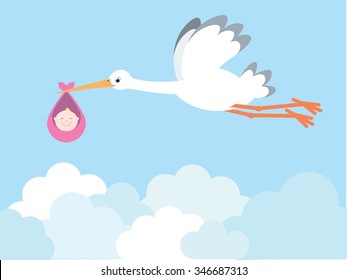 Stork carrying a baby, simple illustration