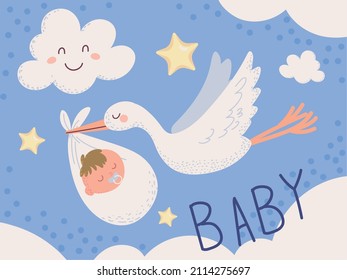 stork carrying a baby in the sky
