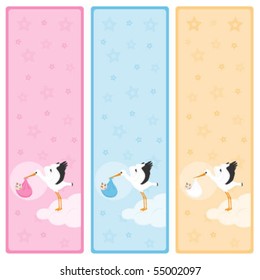 Stork carrying a baby vertical banners with copy space for your own text, each individually grouped and on separate layers.