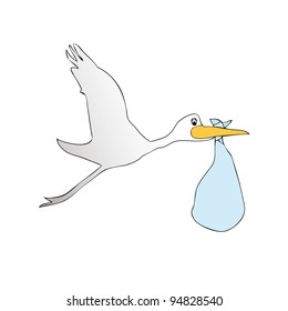 A stork carrying a baby wrapped in a bundle