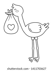 stork carrying a bag with heart in black and white