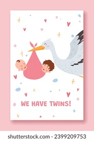 Stork carrying a cute babies in a pink diaper. It's a twins girls. Cartoon lovely greeting birthday card, congratulations to the newborns, baby announcement. Stork delivery daughters vector poster