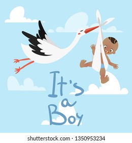 Stork carrying a cute baby its a boy in the sky with clouds vector illustration.