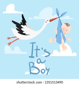 Stork carrying a cute baby its a boy in the sky with clouds vector illustration.