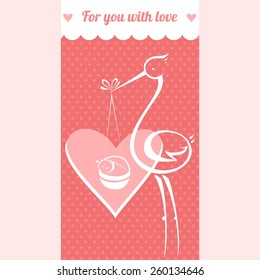 Stork carrying a cute baby. Child delivery by a white stork.Baby shower invitation card
