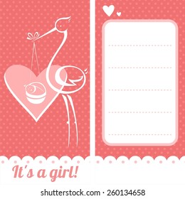 Stork carrying a cute baby. Child delivery by a white stork.Baby shower invitation card