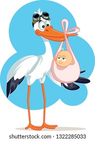 Stork Carrying a Cute Baby  Girl in a Bag. Funny pregnancy announcement baby shower invitation card
